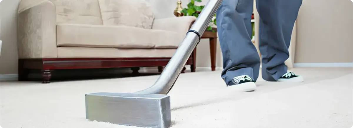 Carpet cleaning technician using a hot-water extraction wand on a light-colored carpet in a living room, Cambridge, MA.