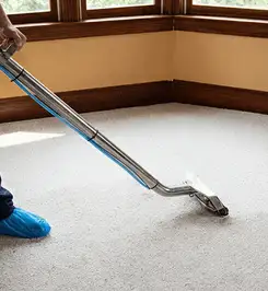 Steam carpet cleaning technician using a hot-water extraction wand on a residential carpet, wearing blue protective shoe covers Cambridge, MA.
