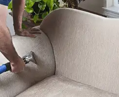 Professional upholstery cleaner deep-cleaning a fabric sofa with a handheld extraction tool and hose in Cambridge, MA.